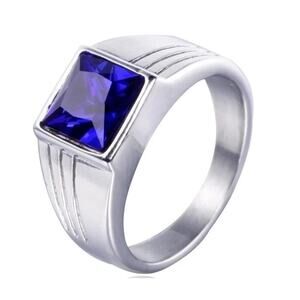Blue square ring - silver - CZ- size 10.